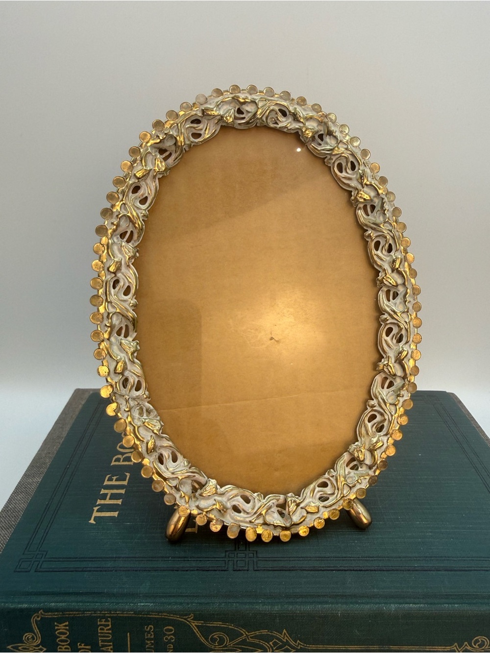 Vintage Metal Footed Filigree Oval Frame 7.5x5.5” Hollywood Regency